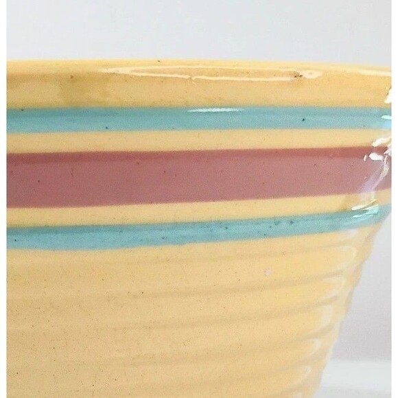 Antique Yellow Ware Stoneware 7” Mixing Bowl with Ridges & Banded Stripes USA - Picture 2 of 9